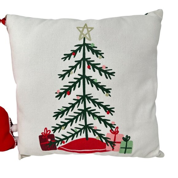 Christmas Throw Pillows Set of 2 Merry Bright Tree 14x14 Holiday Decor Pom Poms - Picture 4 of 11